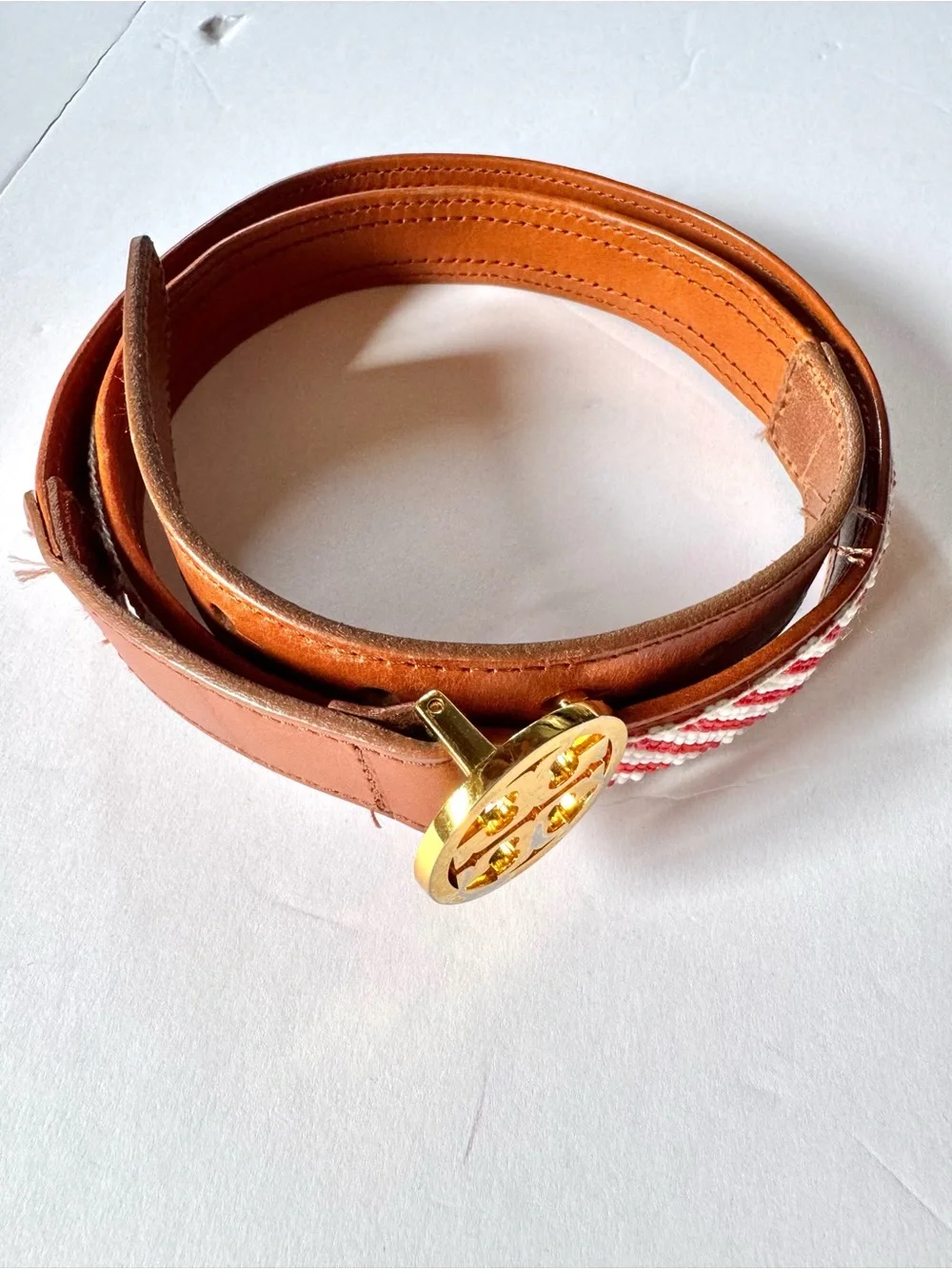 Tory Burch Cognac Leather Beaded Belt with Red and White Beads with TT Buckle XS